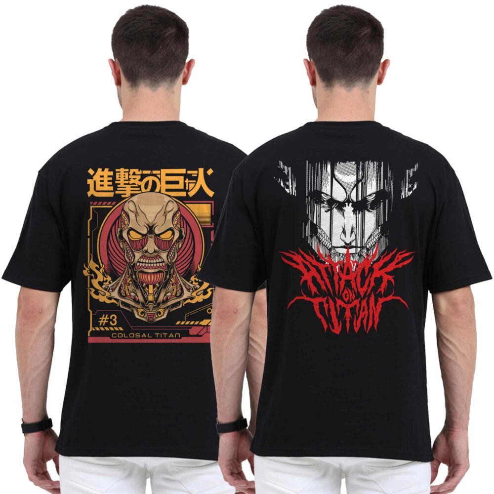 Attack on Titan Black Oversized Pack of 2 Both Side Printed T-shirt