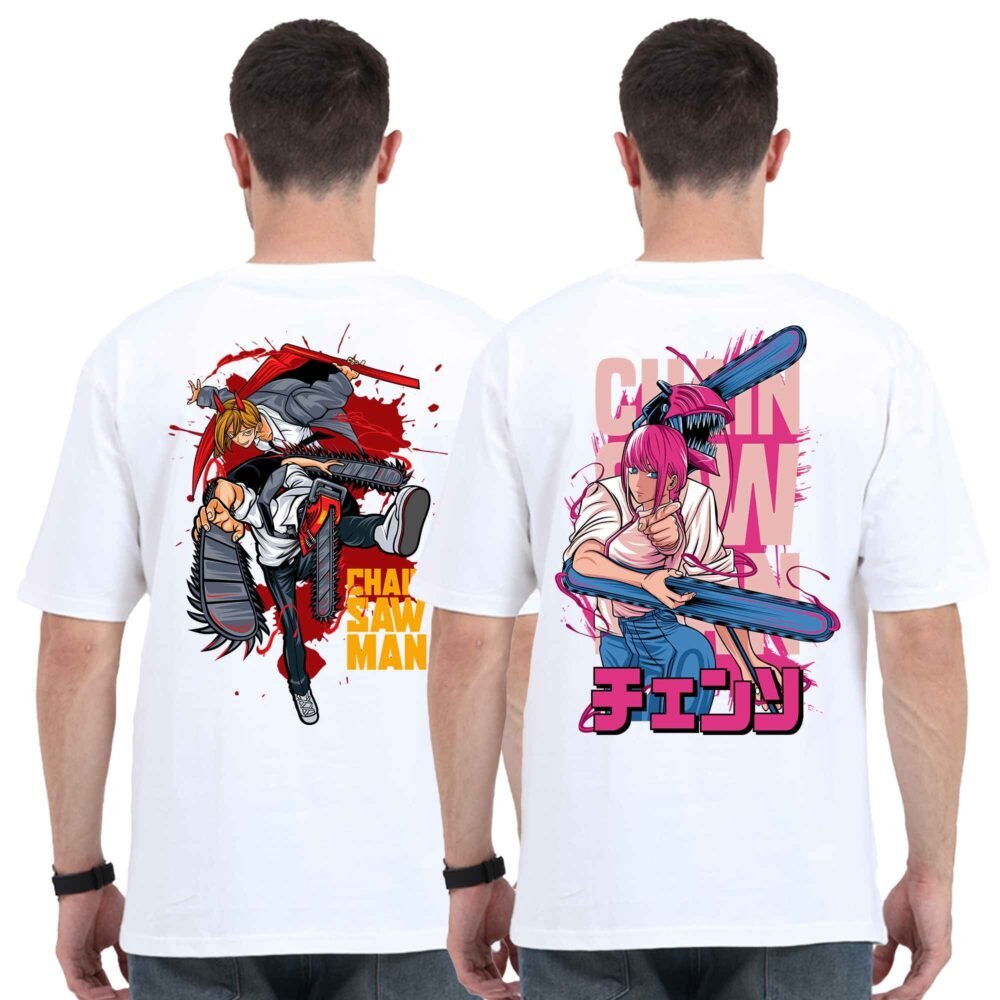 White Oversized Pack of 2 Both Side Printed T-shirt | Chainsaw Man